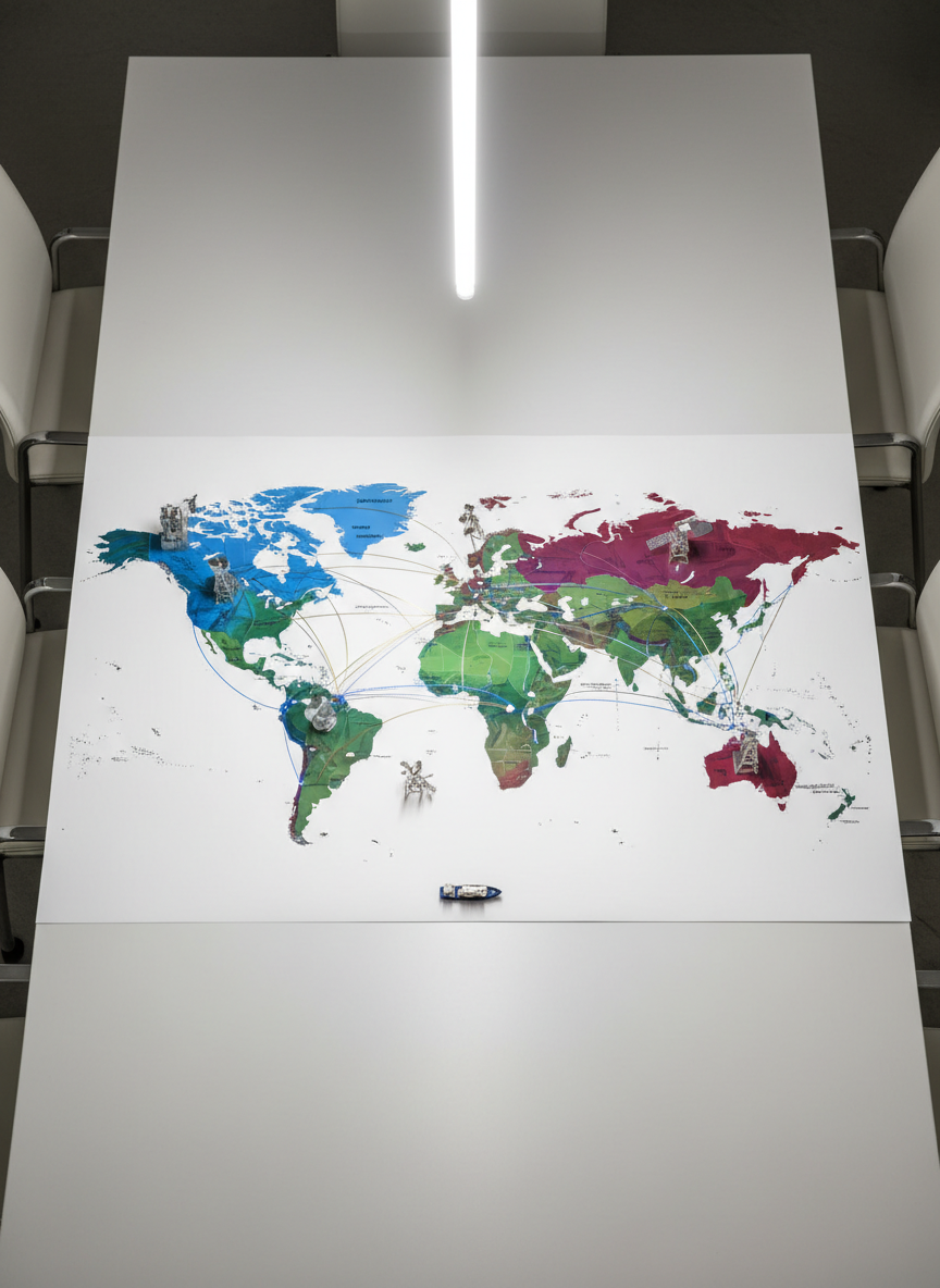 A large, crisp world map printed on matte white paper covers a modern conference table, its countries overlaid with semi-transparent colored economic indicators and trading routes drawn as fine luminous lines. Miniature metallic models of cargo ships, oil rigs, semiconductor fabs, and satellite constellations are carefully placed on key regions, like a three-dimensional macro thesis. Overhead, a single linear LED fixture casts clean, neutral white light, creating soft, precise shadows of each model. Photographic realism with a top-down, bird’s-eye composition that captures the entire table, emphasizing structure, global interconnectedness, and rational geopolítica analysis for investors who think in terms of systems and long cycles.
