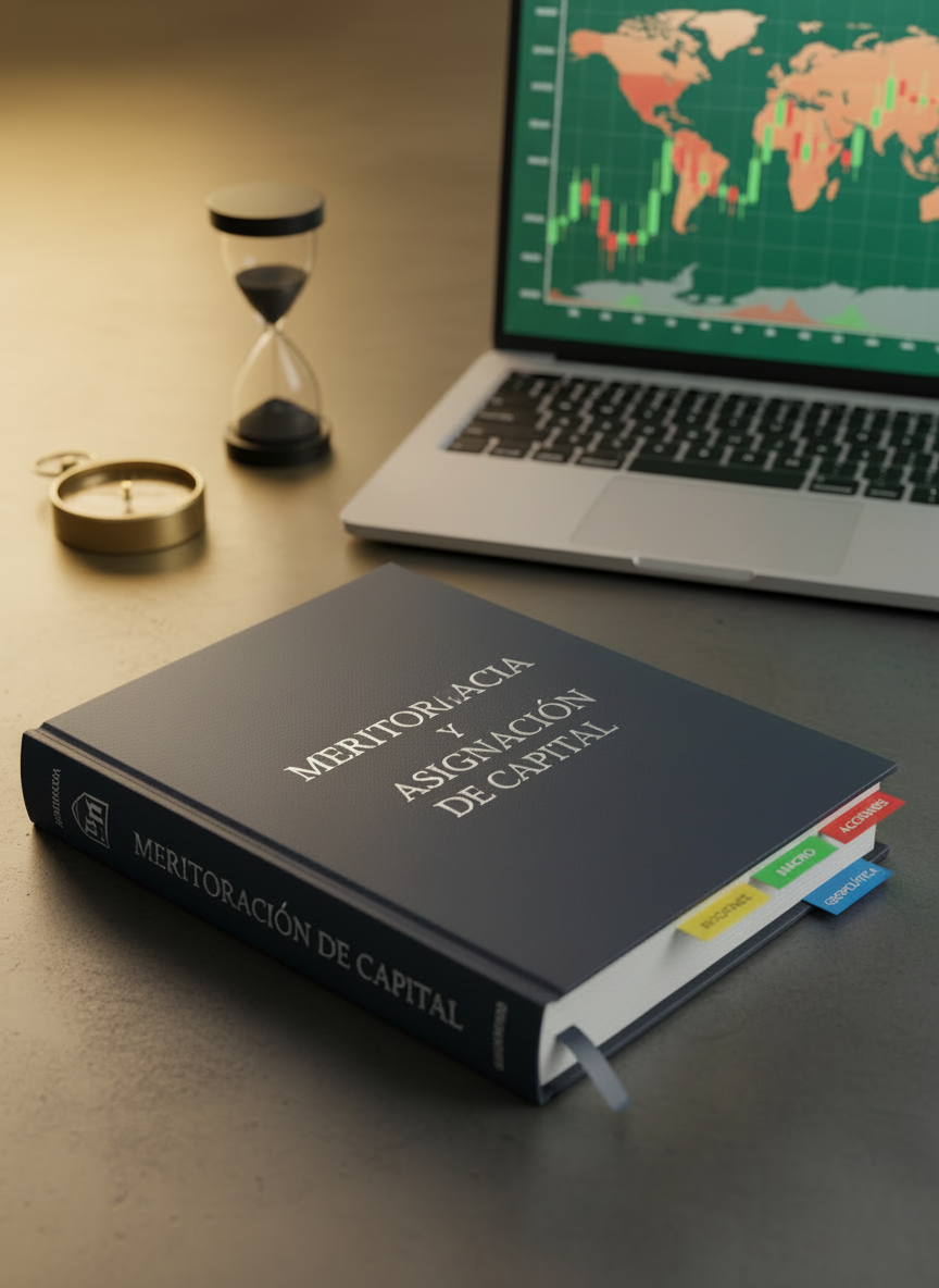 Book titled MERITOCRACIA Y ASIGNACIÓN DE CAPITAL next to a laptop showing global stock charts.